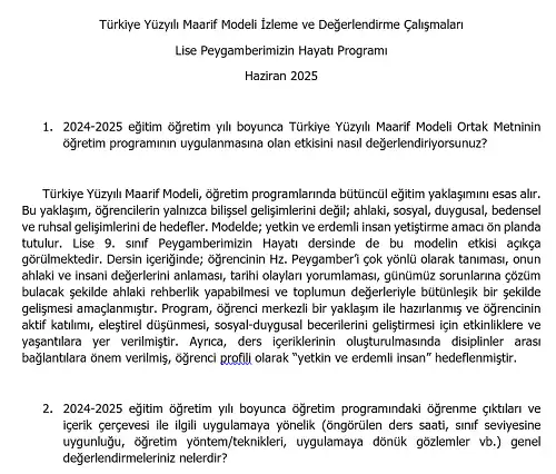 Türkiye Yüzyılı Maarif Modeli İzleme ve Değerlendirme Çalışmaları - Lise Peygamberimizin Hayatı Programı