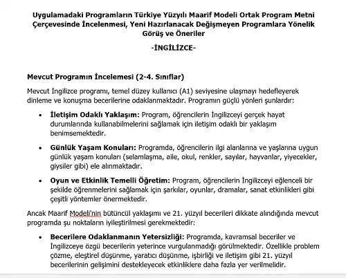 İlkokul İngilizce Programının Maarif Modeli Metni Çerçevesince İncelenmesi, Görüş ve Öneriler