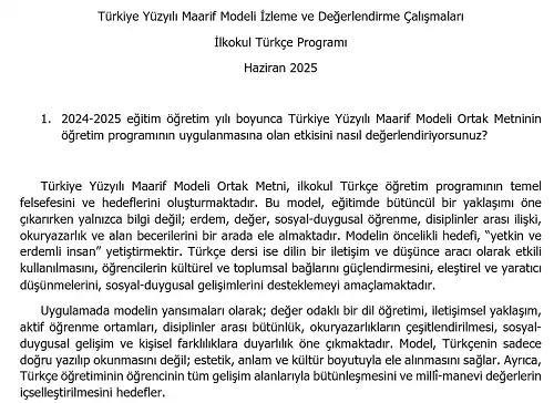 Türkiye Yüzyılı Maarif Modeli İzleme ve Değerlendirme Çalışmaları - İlkokul Türkçe Programı