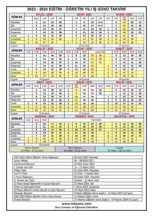 2023-2024 Eğitim Öğretim Yılı İş Günü Takvimi
