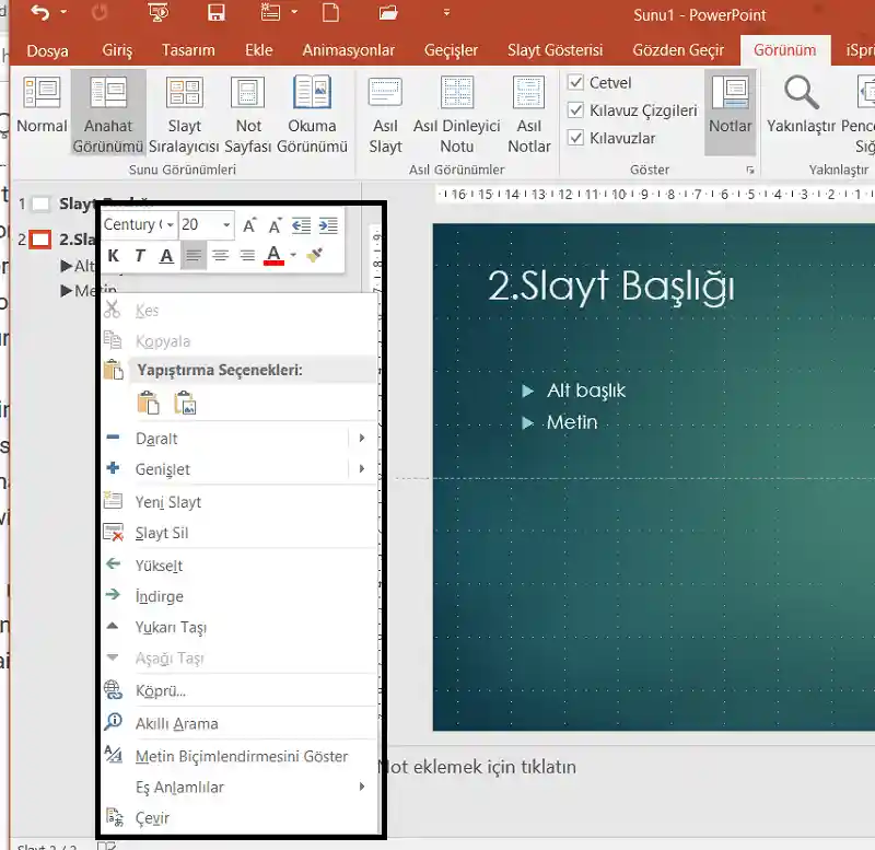 Powerpoint Anahat Görünümünde Sağ Tıklama Menüsü