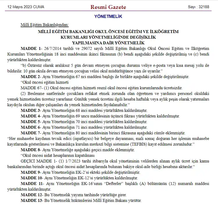 Okul Öncesi ve İlköğretim Kurumları Yönetmeliğinde Değişiklik Yapıldı - 2023