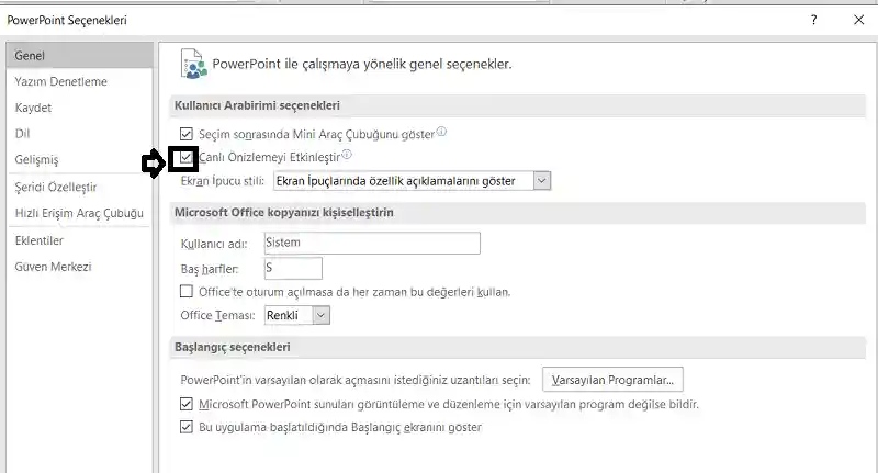 Powerpoint Canlı Önizleme İptal / Aktif Etme