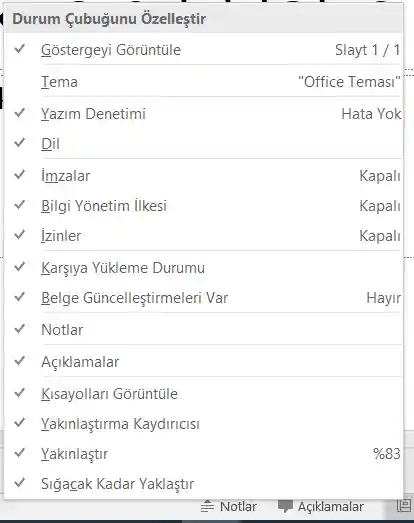Powerpointteki Durum Çubuğunu Özelleştir menüsü