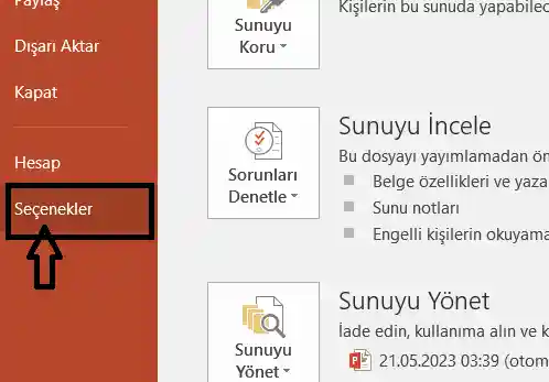 Powerpointteki Seçenekler Bölümü