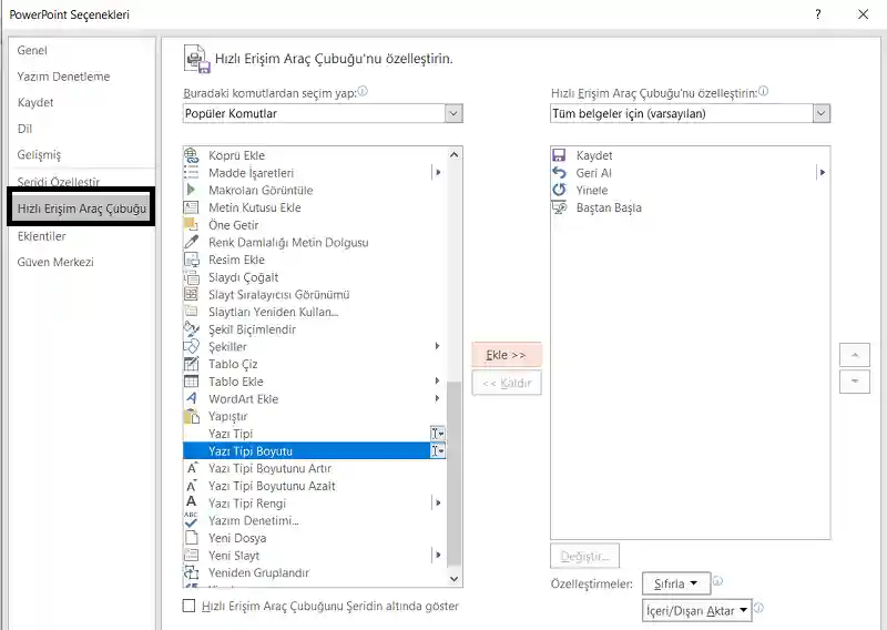 Powerpoint Hızlı Erişim Araç Çubuğu Özelleştirme 2