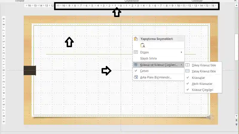 Powerpointteki slayt alanında kılavuz çizgilerini ve cetveli etkinleştirme