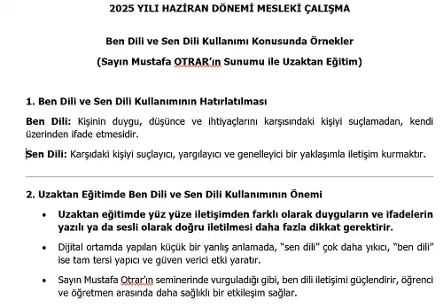2025 Lise Mesleki Çalışma: Ben Dili ve Sen Dili Kullanımı Konusunda Örnekler
