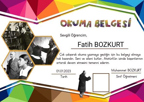 1. Sınıf Okuma Belgesi - Atatürklü Model 5