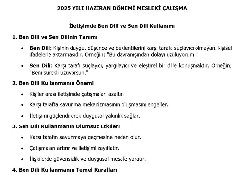2025 İlkokul Mesleki Çalışma: İletişimde Ben Dili ve Sen Dili Kullanımı