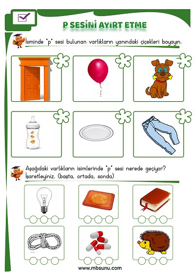 1. Sınıf İlk Okuma P Sesini Ayırt Etme Etkinliği