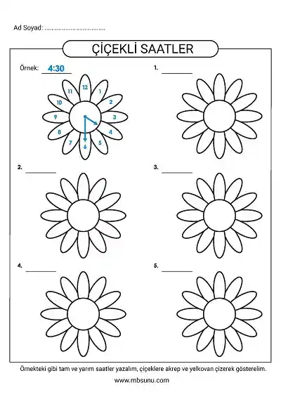 1. Sınıf Matematik - Çiçekli Saatlere Akrep ve Yelkovan Çizme Etkinliği
