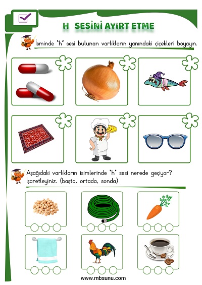 1. Sınıf İlk Okuma H Sesini Ayırt Etme Etkinliği