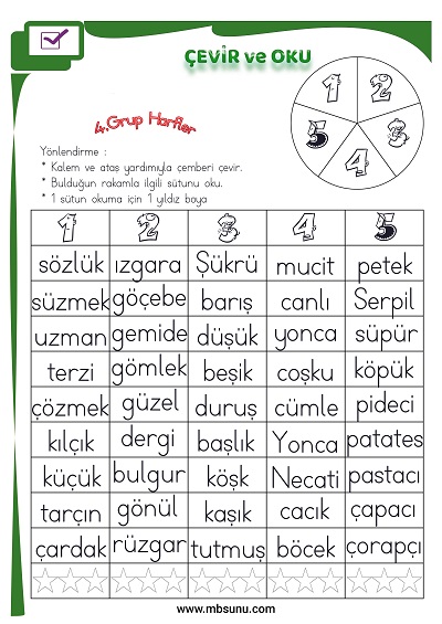 1. Sınıf İlk Okuma 4. Grup Harfler - Çevir ve Oku Etkinliği
