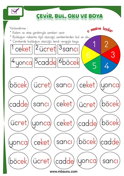 1. Sınıf İlk Okuma C Sesi - Çevir, Bul, Oku ve Boya Etkinliği