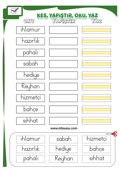 1. Sınıf İlk Okuma H Sesi - Kes Yapıştır Oku Yaz Etkinliği