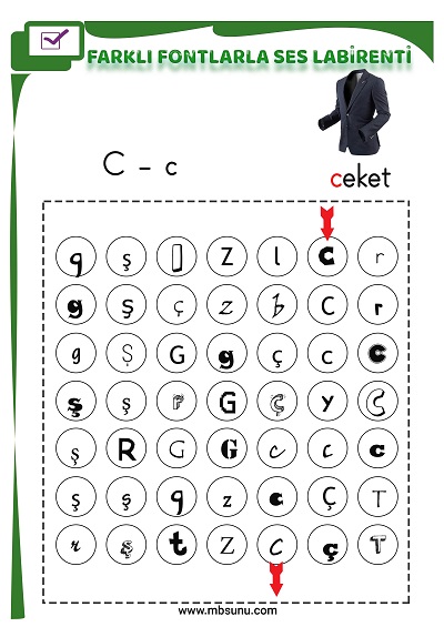 1. Sınıf İlk Okuma Farklı Fontlarla C Sesi Oyunlu Labirent Etkinliği