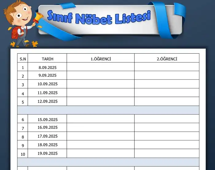 2025 - 2026 Yılı Öğrenci Nöbet Listesi Formu