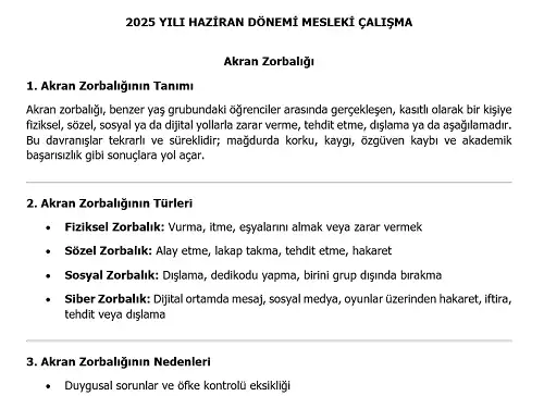 2025 Ortaokul Mesleki Çalışma: Akran Zorbalığı