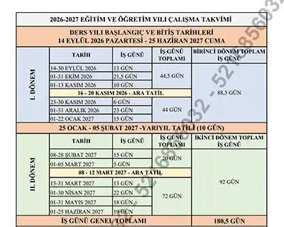 2026-2027 Eğitim Öğretim Yılı MEB Çalışma Takvimi