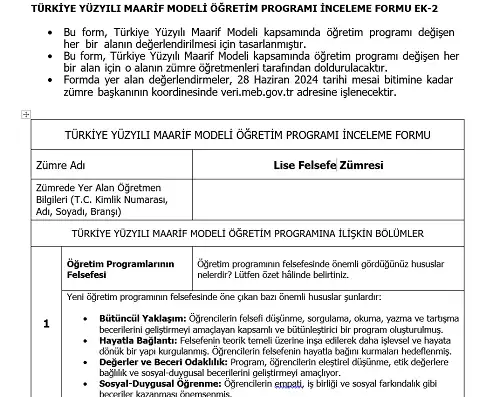 Maarif Modeli Lise Felsefe Programı İnceleme Formu Ek-2 (Doldurulmuş Hali)