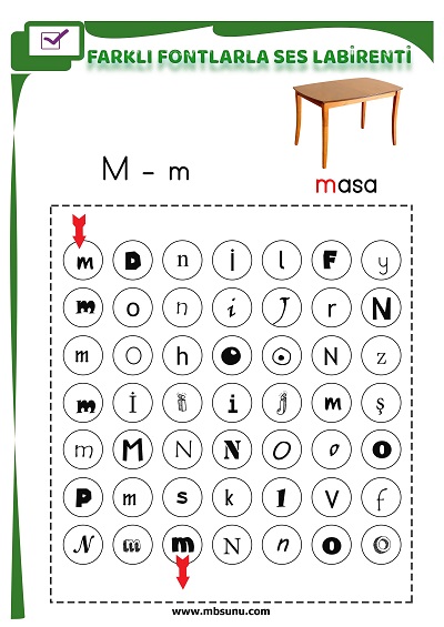 1. Sınıf İlk Okuma Farklı Fontlarla M Sesi Oyunlu Labirent Etkinliği