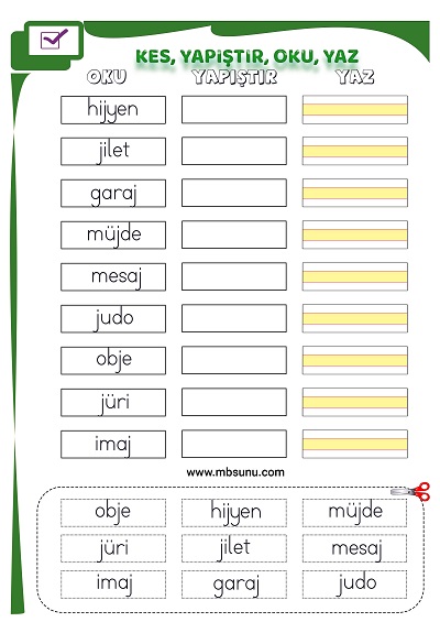 1. Sınıf İlk Okuma J Sesi - Kes Yapıştır Oku Yaz Etkinliği