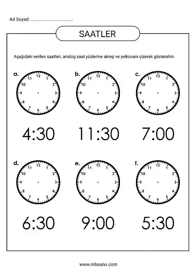 1. Sınıf Matematik -  Analog Saatlere Akrep ve Yelkovan Çizme Etkinliği