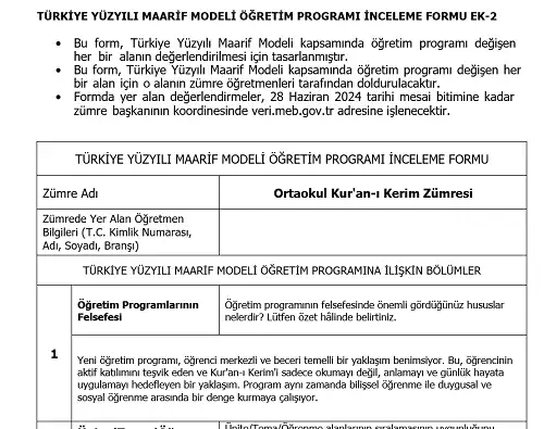 Maarif Modeli Ortaokul Kur'an-ı Kerim Programı İnceleme Formu Ek-2 (Doldurulmuş Hali)