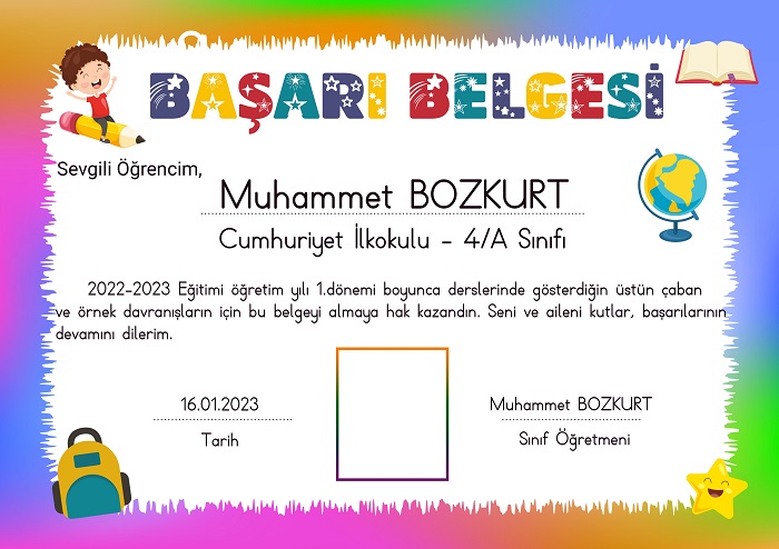 Düzenlenebilir, Fotoğraf Eklemeli Başarı Belgesi