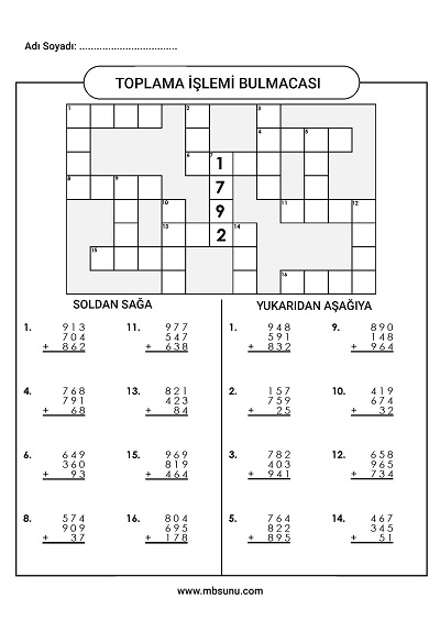4.Sınıf Matematik - Toplama İşlemi Bulmacası
