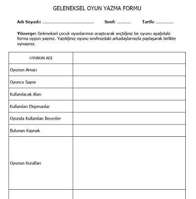 3.Sınıf Beden Eğitimi ve Oyun - Geleneksel Oyun Yazma Formu
