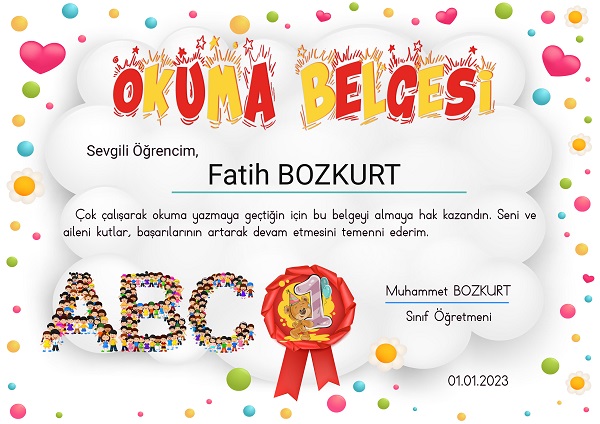 1. Sınıf Okuma Belgesi - Model 3