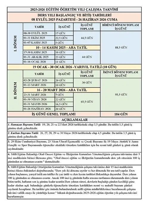 2025-2026 Eğitim Öğretim Yılı MEB Çalışma Takvimi