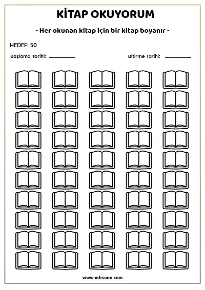 Boyamalı Kitap Okuma Takip Listesi - 50 Kitaplık