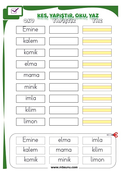 1. Sınıf İlk Okuma M Sesi - Kes Yapıştır Oku Yaz Etkinliği
