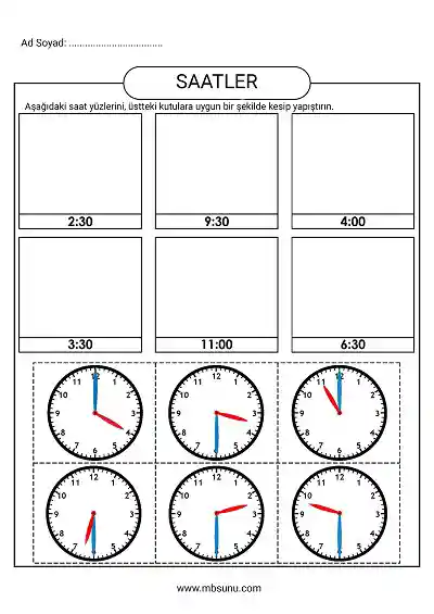 1. Sınıf Matematik - Tam ve Yarım Saatler Kes Yapıştır Etkinliği