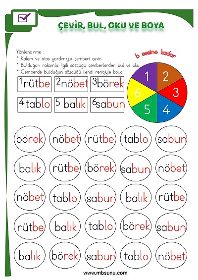 1. Sınıf İlk Okuma B Sesi - Çevir, Bul, Oku ve Boya Etkinliği