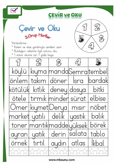 1. Sınıf İlk Okuma 3. Grup Harfler - Çevir ve Oku Etkinliği