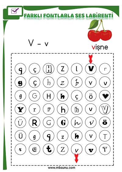 1. Sınıf İlk Okuma Farklı Fontlarla V Sesi Oyunlu Labirent Etkinliği