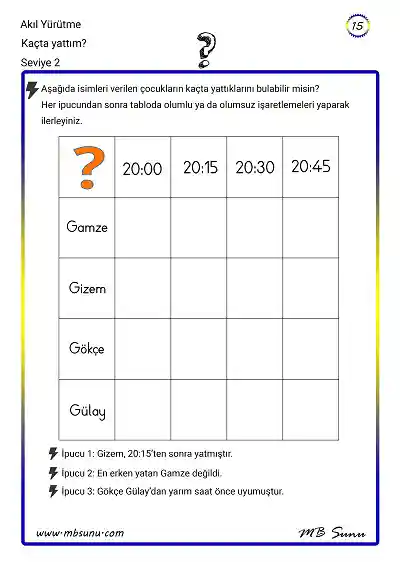 Seviye 2 - Akıl Yürütme Zeka Etkinliği 15 - Kaçta Yattım