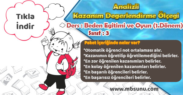 3. Sınıf Beden Eğitimi ve Oyun - Analizli Kazanım Değerlendirme Ölçeği (1.Dönem)