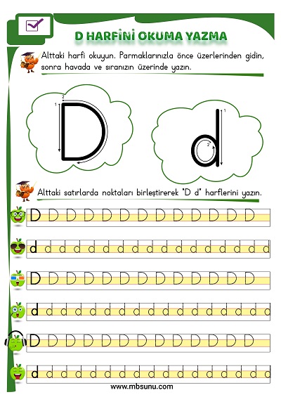 1. Sınıf İlk Okuma D Sesi Okuma Yazma Etkinliği