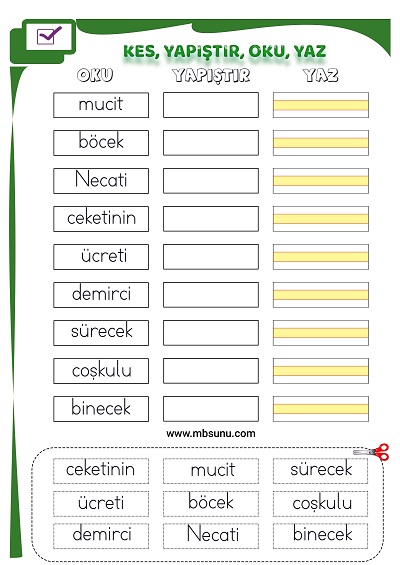 1. Sınıf İlk Okuma C Sesi - Kes Yapıştır Oku Yaz Etkinliği