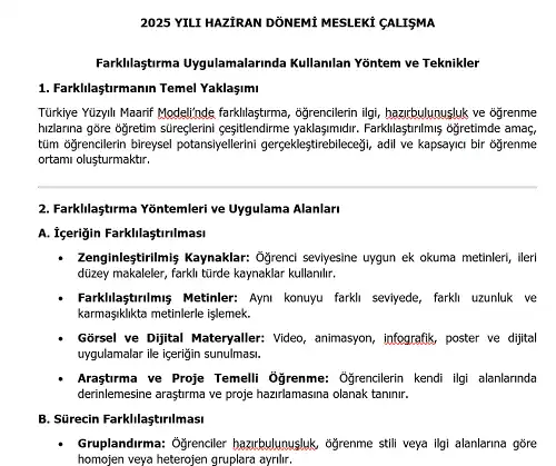 2025 Ortaokul Mesleki Çalışma: Farklılaştırma Uygulamalarında Kullanılan Yöntem ve Teknikler