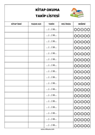 Veli İmzalı, Tarihli, Beğenili Kitap Okuma Takip Listesi