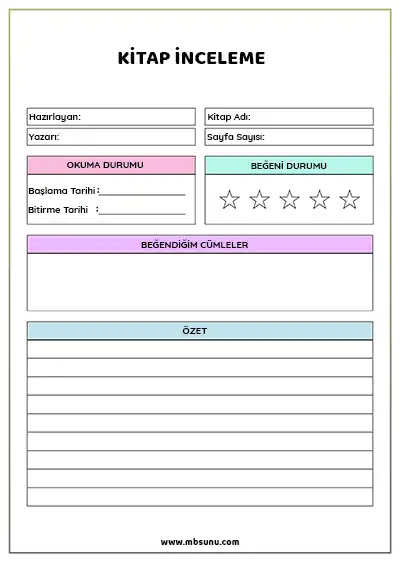 Kitap İnceleme Formu - Model 1