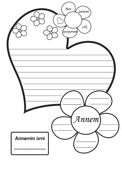 Ben Annemi Çok Seviyorum Çiçekli Kalp Şablonu
