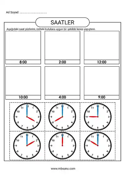 1. Sınıf Matematik - Tam Saatler Kes Yapıştır Etkinliği