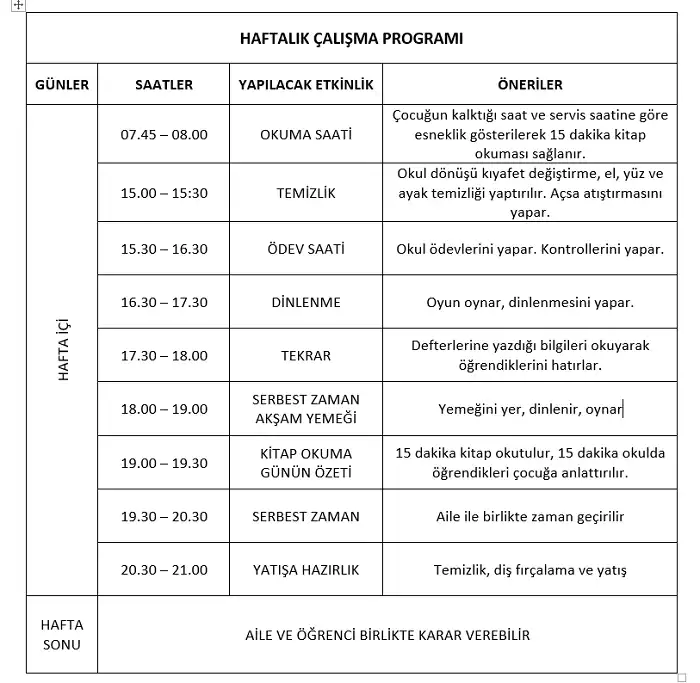 Haftalık Ders Çalışma Programı